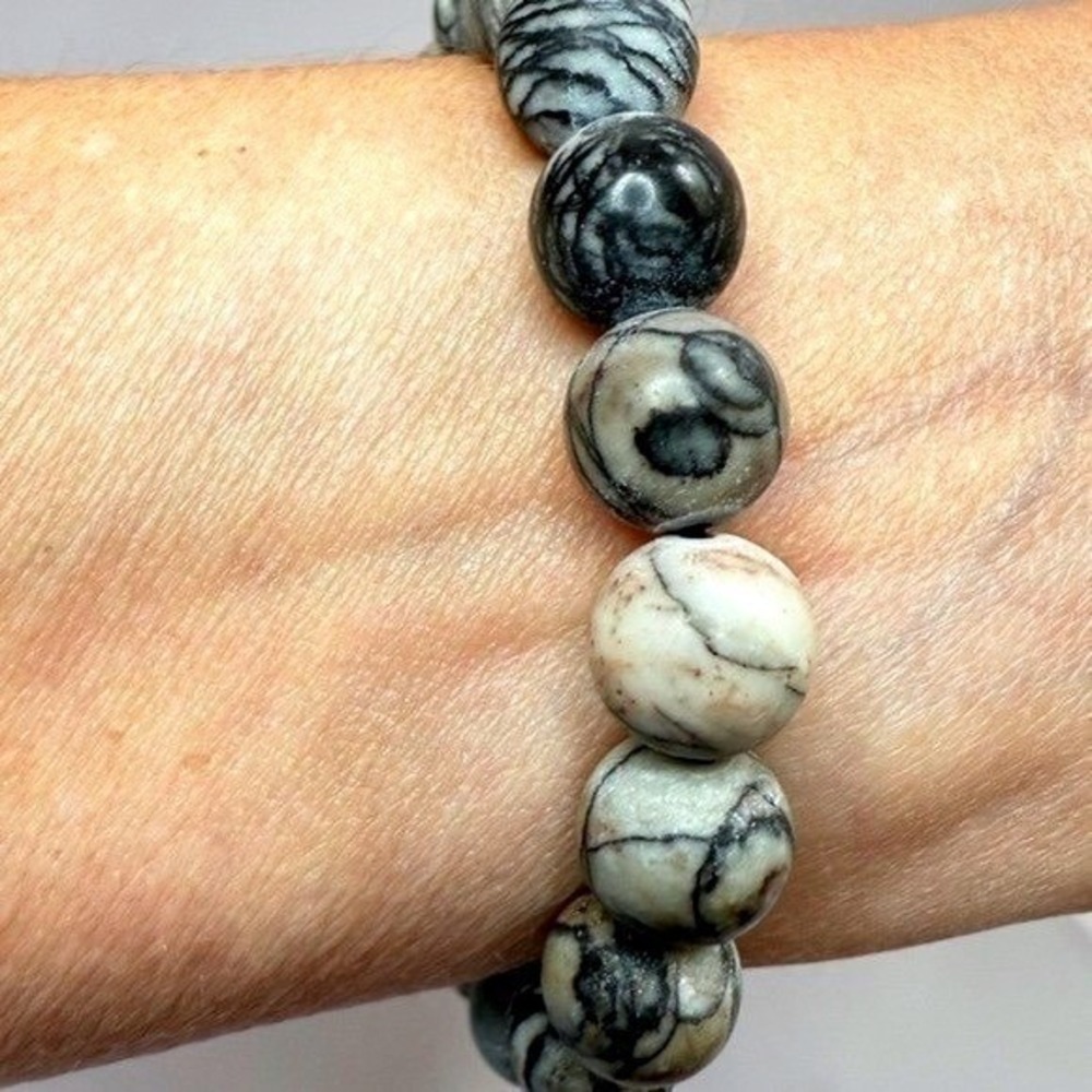 Marbled Beaded Stretch Bracelet Grey White Black Zebra Jasper Style Jewelry - Picture 3 of 4